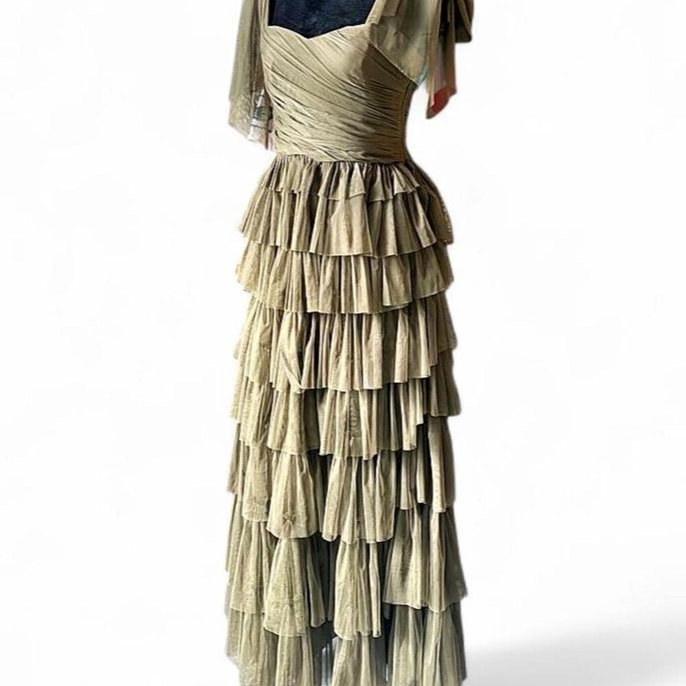 Lace & Beads Olive Tiered Ruffle Maxi Dress Size 8 Fairycore Cottagecore